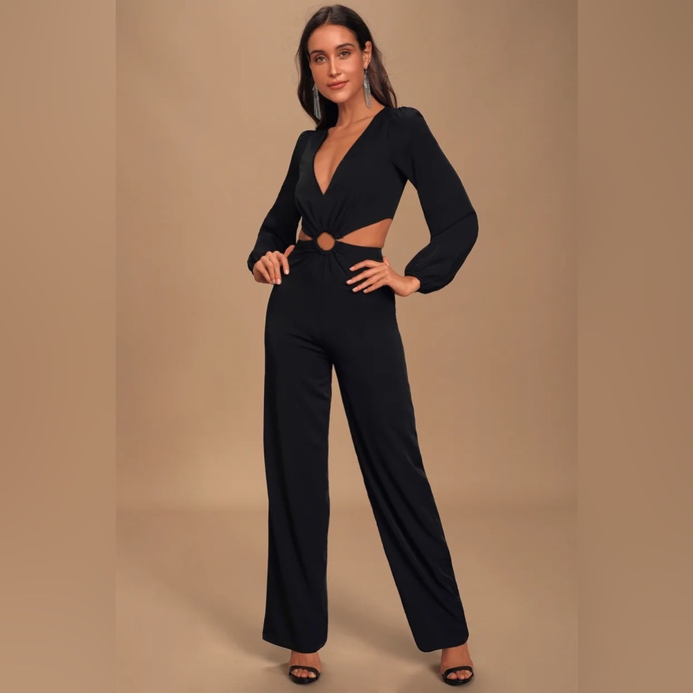 Lulu's Black Long-Sleeve Cutout Jumpsuit with Ring Waist